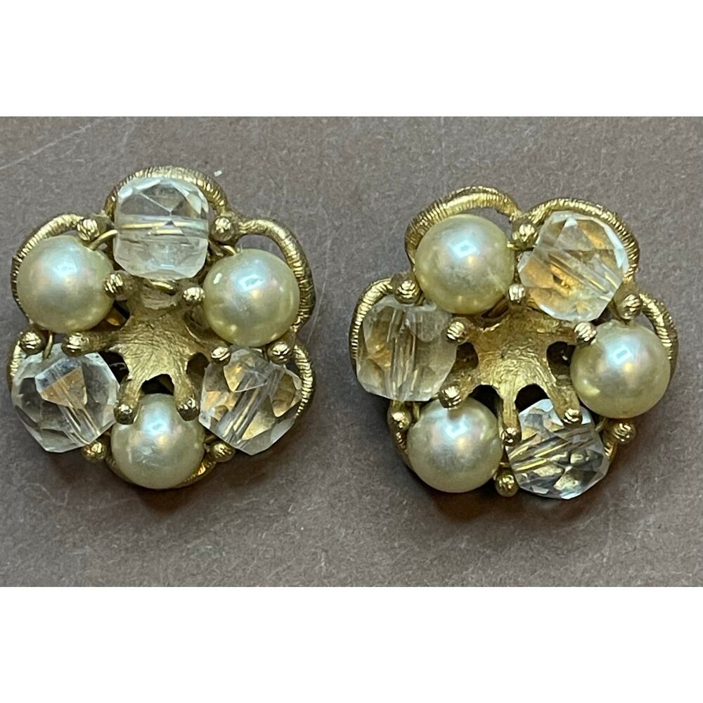 Vintage KRAMER Pearl Crystal Cluster Clip Earrings Gold Tone Mid Century